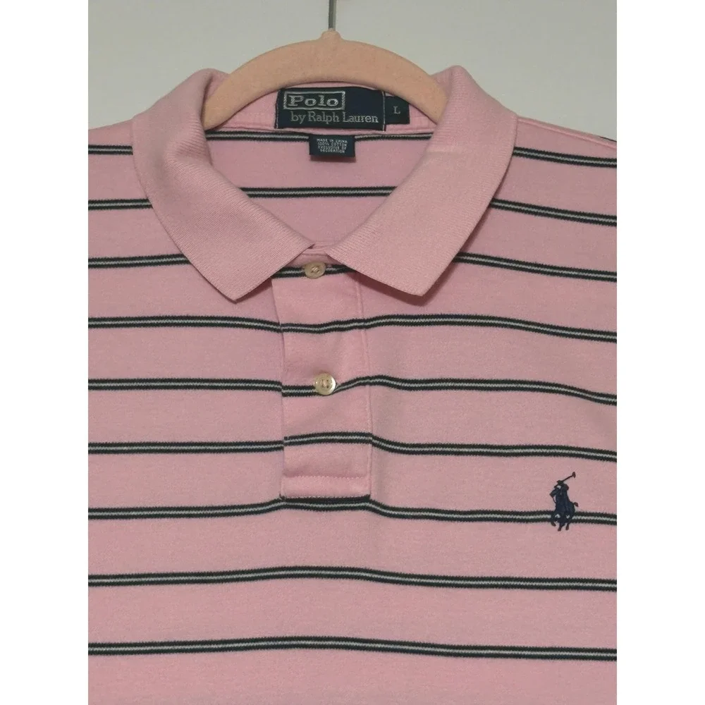Polo Ralph Lauren Mens L Pink Navy Striped Short Sleeve Soft Cotton Polo Shirt